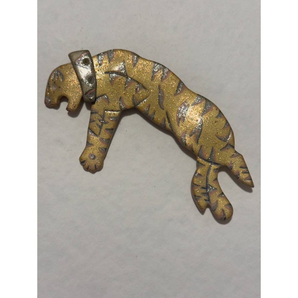 Vintage J Crawford Studio 1987 Tiger Brooch Signed Artisan Gold Silver Pin